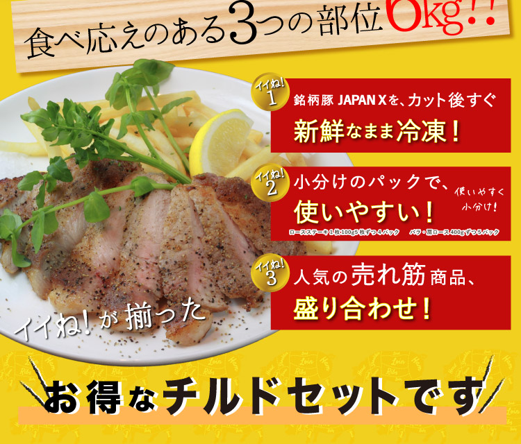 JAPAN X,ジャパンエックス,グリルセット,ロースステーキ,バラ焼肉,肩ロース焼肉,食べ応えのある3つの部位！6kg 小分けで便利