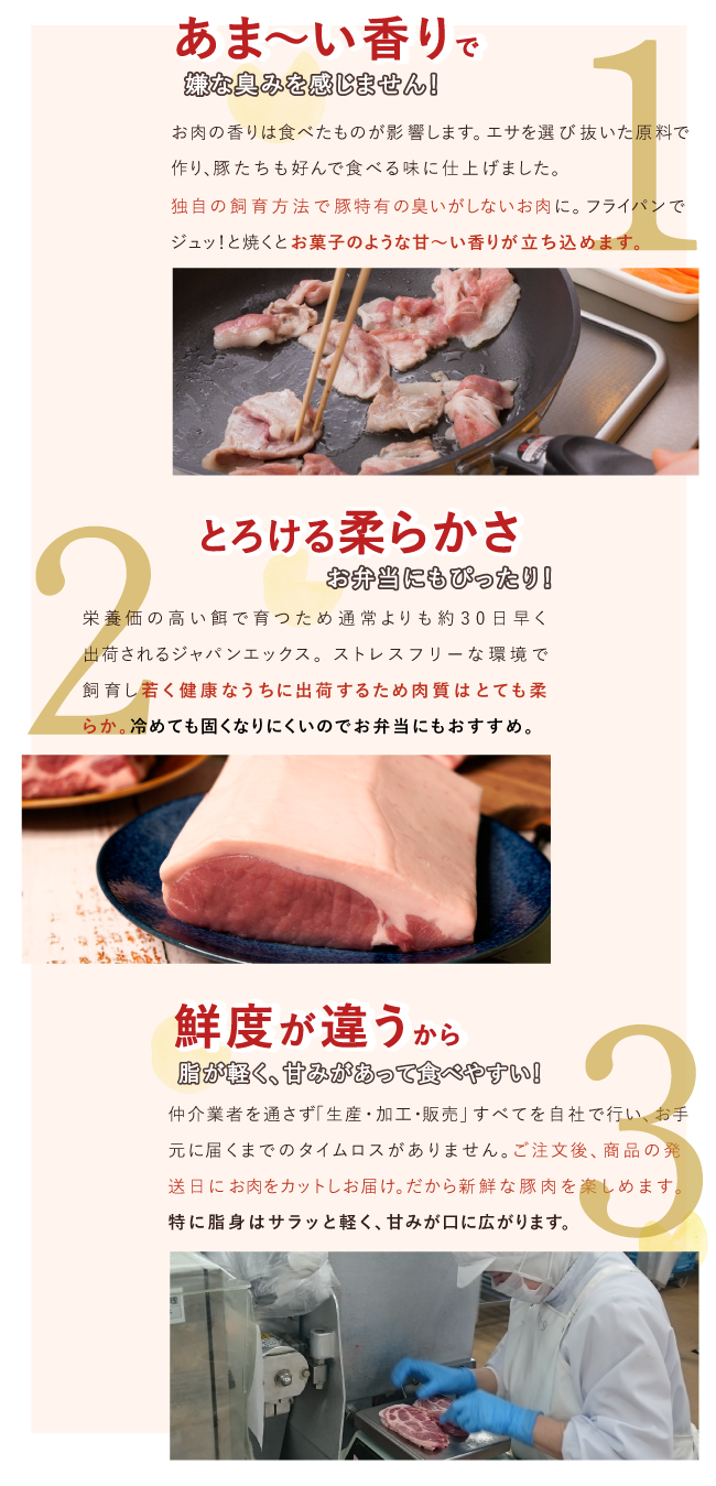 JAPAN X,ジャパンエックス,JAPAN X,特徴,豚肉特有のイヤ〜な臭いがしない！臭いが苦手で避けていた方にこそ食べてほしい豚肉です！3つの特徴