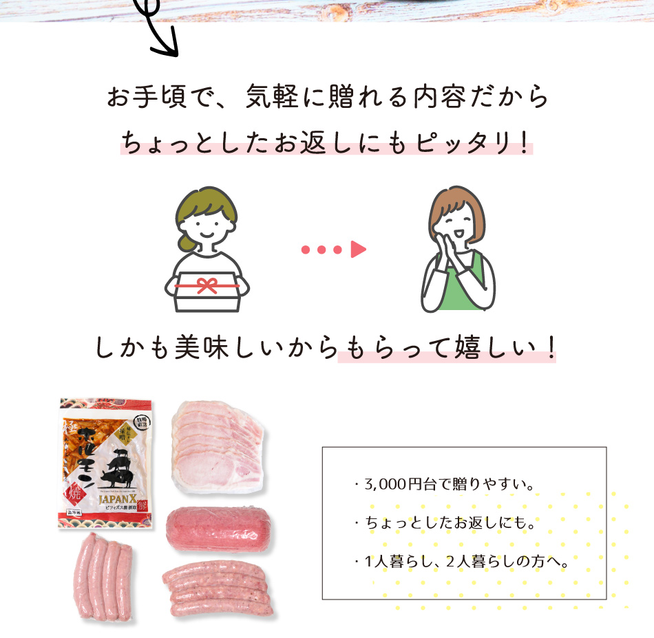 JAPAN X,ギフト,ギフトセット,3,000円コース,ロースハム,ボンレスハム,ホルモン,ウィンナー,ジャパンエックス,ヘお手軽で気軽に贈れる内容だからちょっとしたお返しにもピッタリ！しかも美味しいからもらって嬉しい！,3000円台で贈りやすい、1人暮らし、2人暮らしの方へもピッタリ