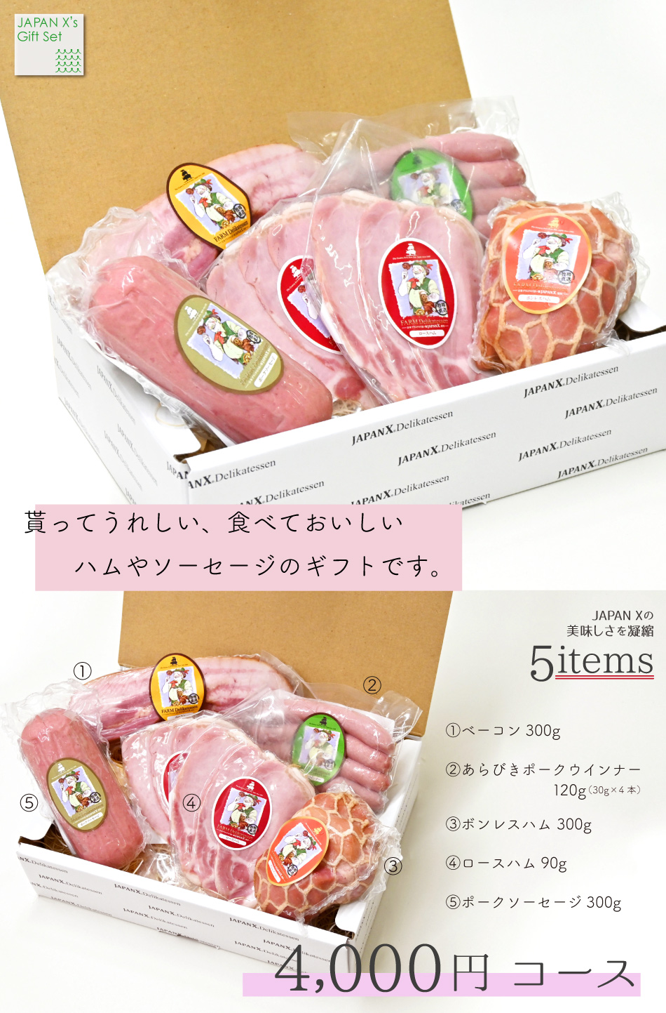 JAPAN X,ギフト,ギフトセット,4000円コース,ロースハム,ボンレスハム,ホルモン,ウィンナー,ジャパンエックス,もらって嬉しい食べて美味しいハムやソーセージのギフトです,3000円Bコース，