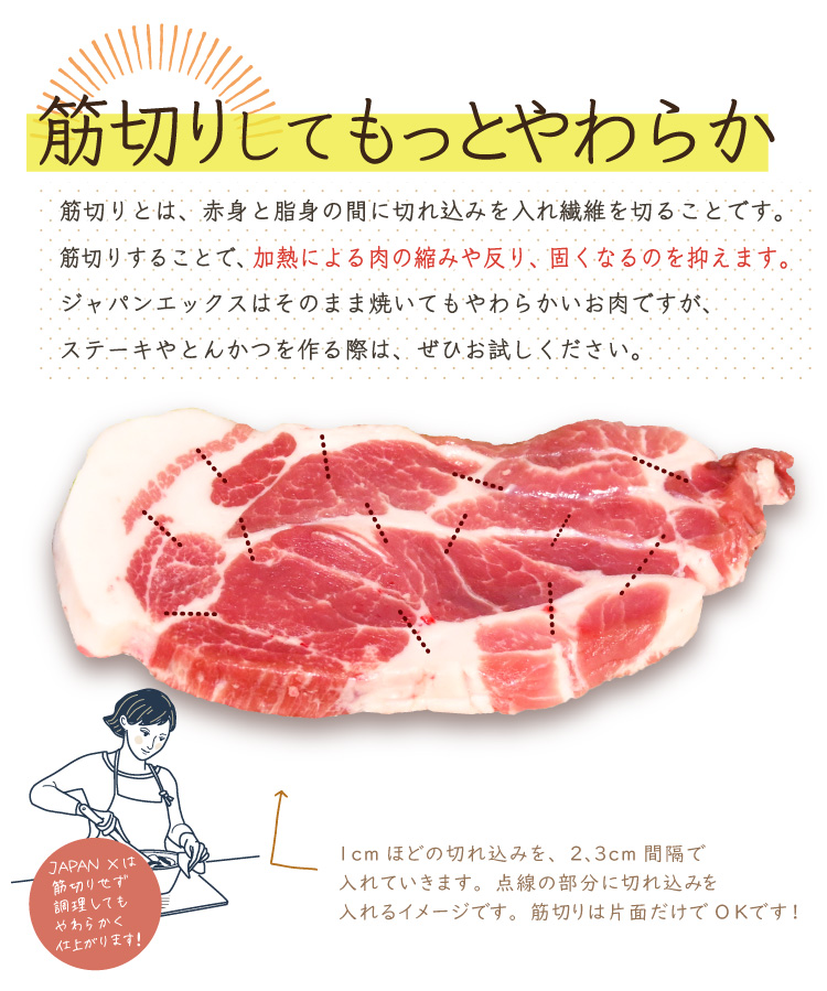 JAPAN X,ジャパンエックス,肩ロース,ロース,豚肩ロース,切り身,とんかつ,トンテキ,ポークソテー,肩ロース肉, 筋きりすればもっと柔らか！筋きりとは赤身と脂身の間に切れ込みを入れ繊維を切ることです。筋きりすると加熱による肉の縮みや反り、固くなるのを抑えます。ジャパンエックスはそのまま焼いても柔らかいお肉ですが、ステーキやとんかつを作る際はぜひお試しください