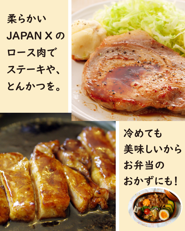 JAPAN X,ロース,切り身,リブロース,サーロイン,柔らかいジャパンエックスのロース肉で、ステーキやトンカツを！冷めても美味しいからお弁当のおかずにも,