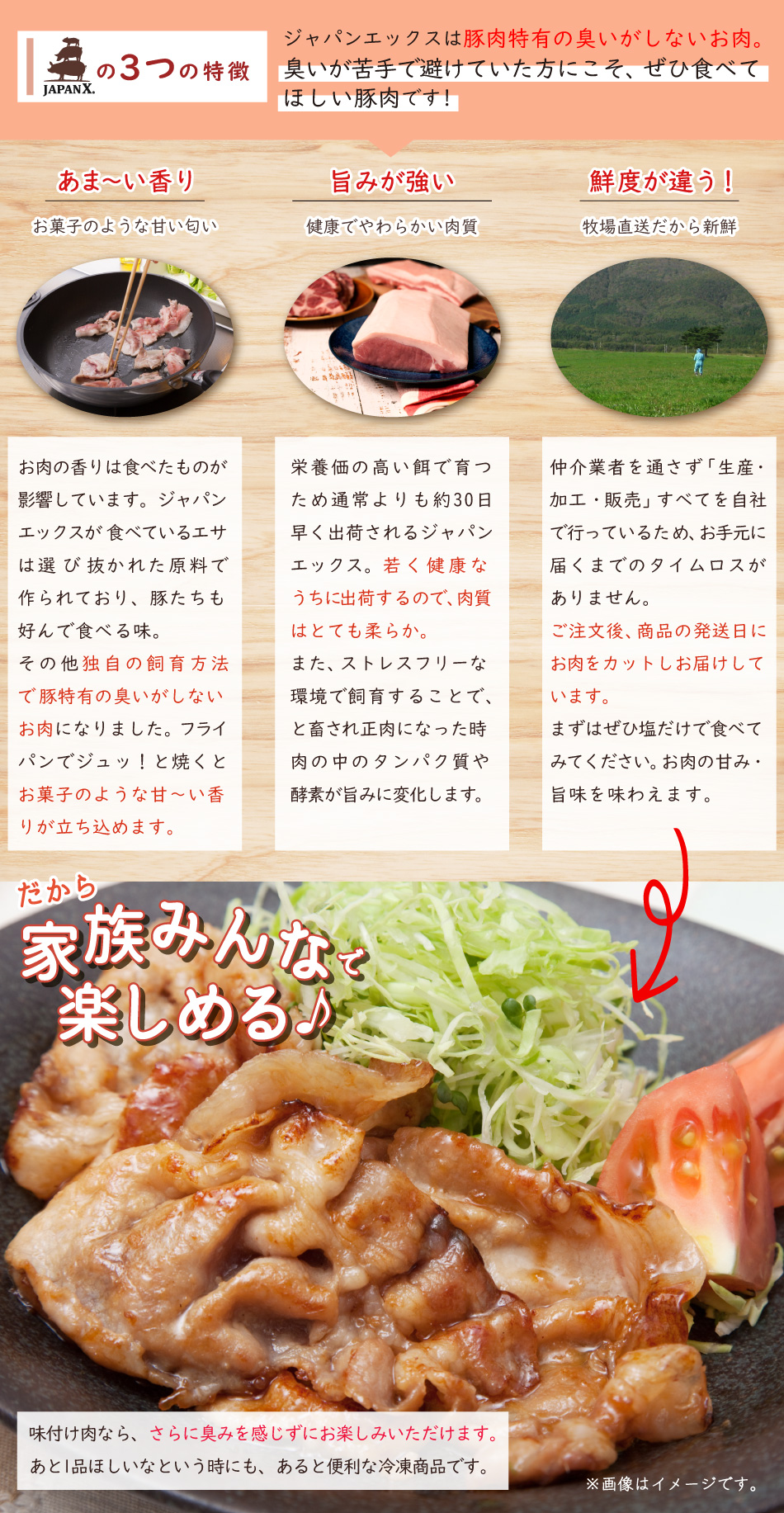 JAPAN X,豚肉特有の匂いがしないから、匂いが苦手で豚肉を避けていた方にこそ食べてほしいです！,甘い香り,旨味が強い,鮮度が違う！,だから家族みんなで楽しめる！味付け肉ならさらに臭みを感じずにお楽しみいただけます