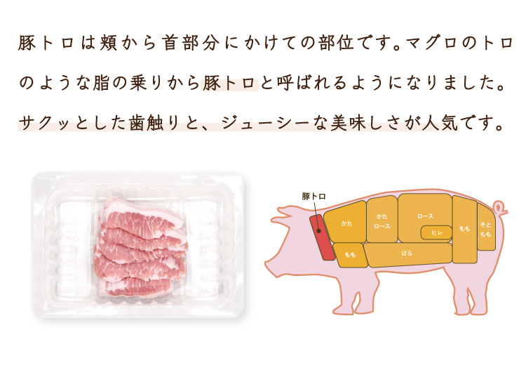 JAPAN X,ジャパンエックス,豚トロ,豚とろ,とんとろ,トントロ,豚肉,脂,スライス,豚トロは頬から首部分にかけての部位で、マグロのトロのような脂の乗りから豚トロと呼ばれるようになりました。サクッとした歯触りとジューシーな美味しさが人気です。