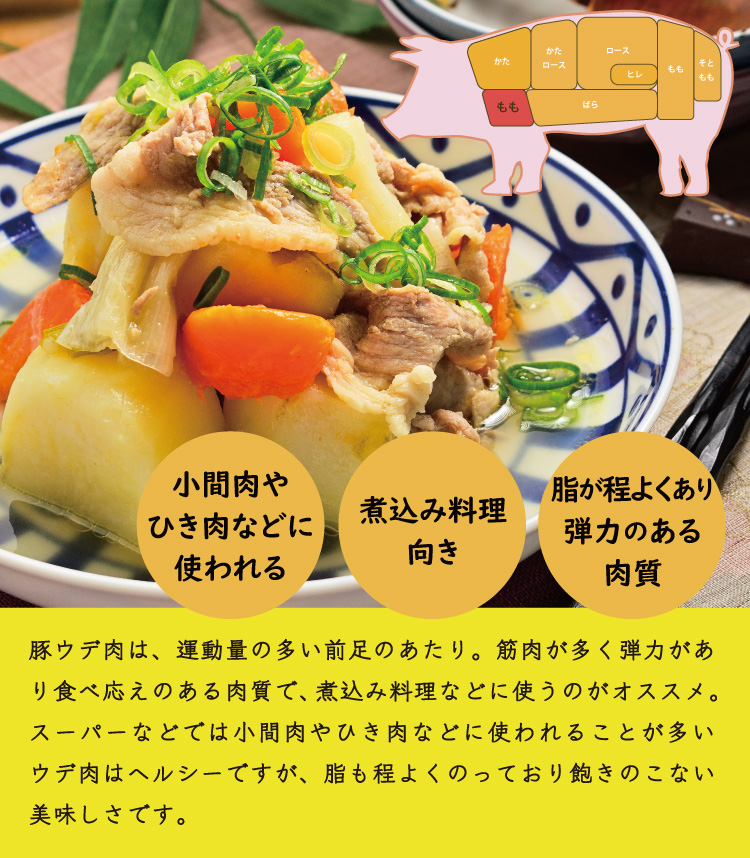 JAPAN X,ジャパンエックス,ロースブロック肉,ロース,豚ロース,塊肉,ロース塊肉,500g,豚ウデ肉は運動量の多い前足のあたり。筋肉が多く、弾力があり食べ応えのある肉質で、煮込み料理などに使うのがおすすめ。スーパーなどでは小間肉やひき肉などに使われることが多いウデ肉は、ヘルシーですが脂も程よく乗っており、飽きのこない美味しさです
